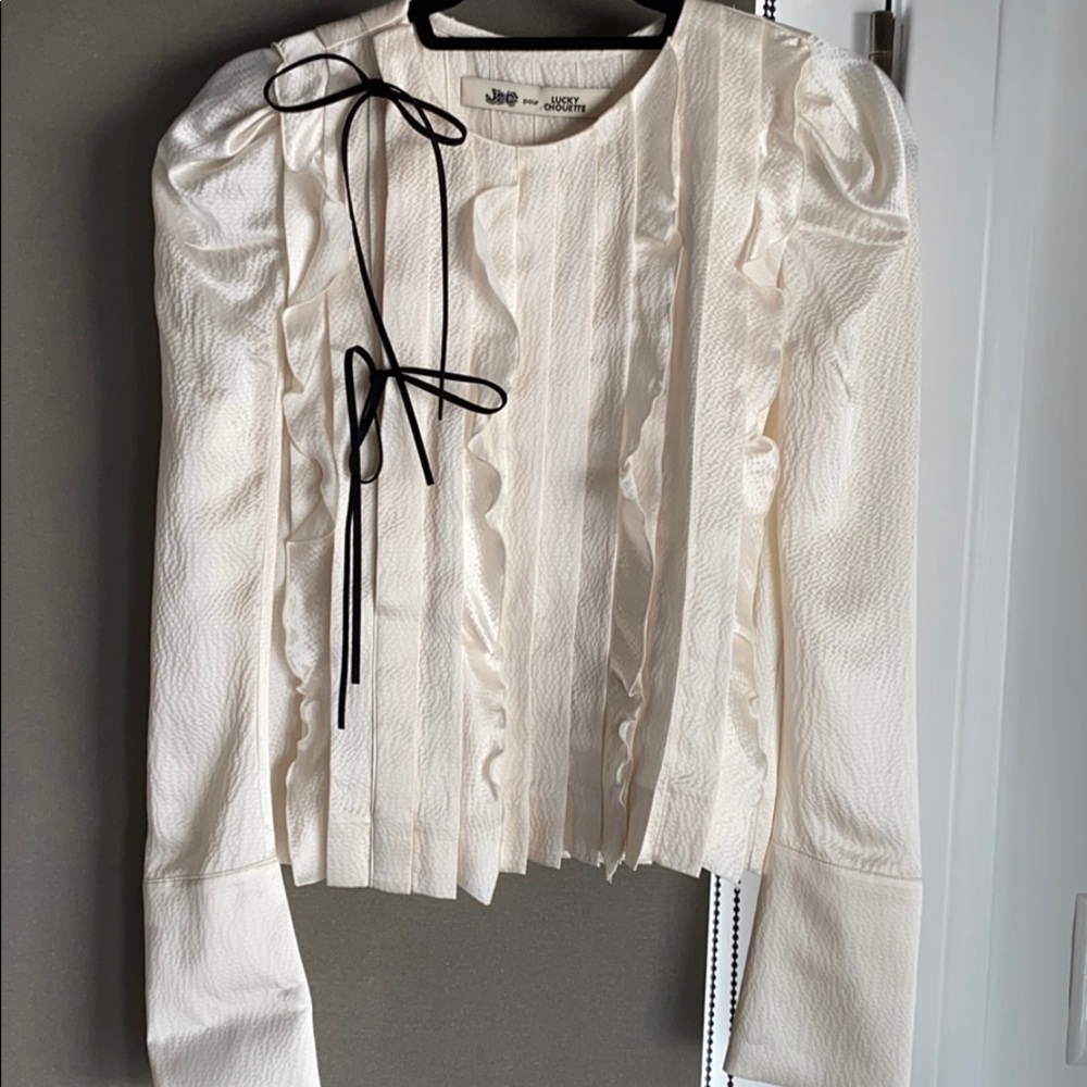Lucky chouette white satin blouse w/ leather tie